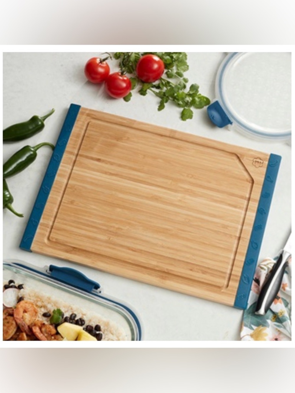 Princess House Bamboo Cutting Board with Blue Non-Slip Edges
